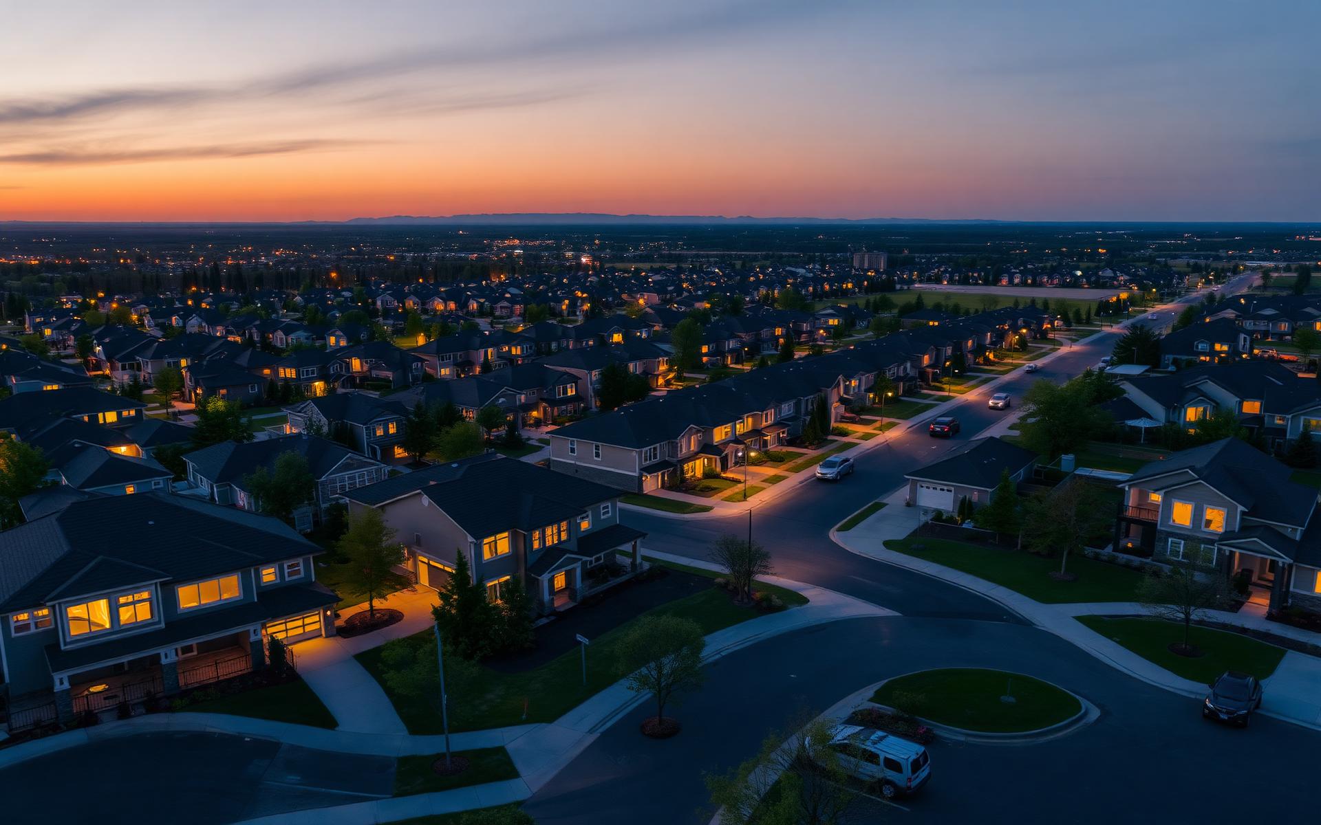 Aerial view of suburban homes at twilight